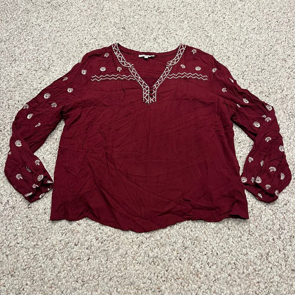 Skies Are Blue Embroidered Long Sleeve Blouse XL Boho Hippie Burgundy Casual